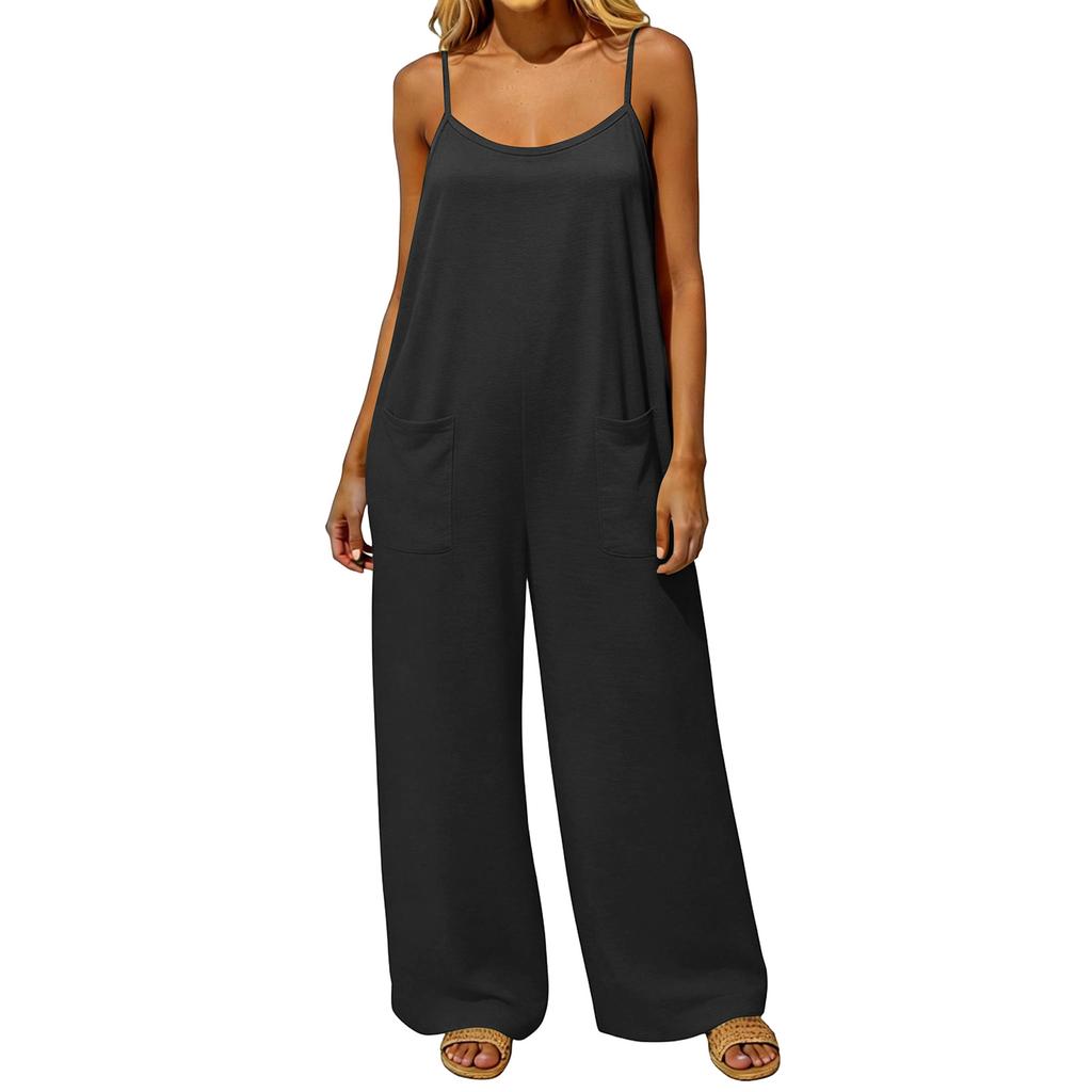 Women's Jumpsuit, Casual And Loose Fit, Featuring A Backless Design With Vintage Thin Straps. This Loungewear Jumpsuit Is Made From A Cotton And Li