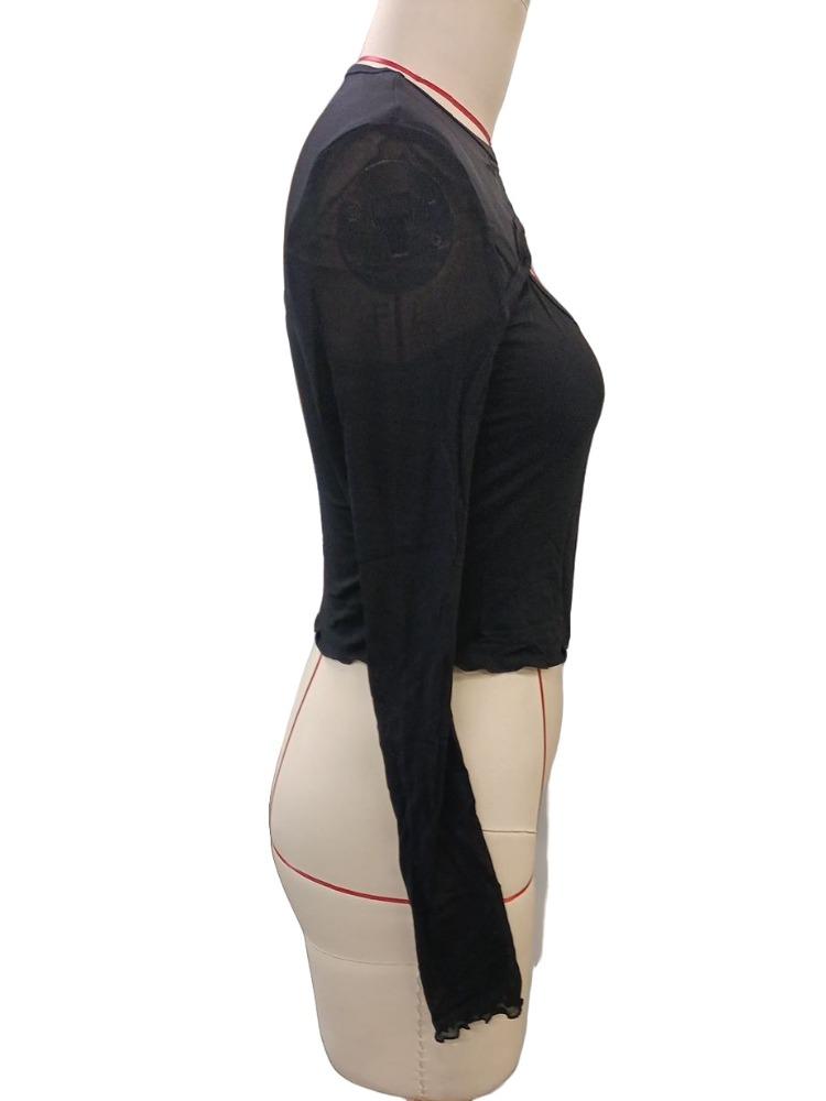Sexy Front Hollow Mesh Splicing Long-sleeved Short T-shirt Skinny Tops Female Versatile Closet Essential Fashion Items Shirt