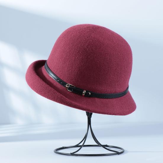 Basin Hat British Style Woolen Casual Hat with Rolled Brim Faux Leather Strap Women Autumn Winter Urban Hat