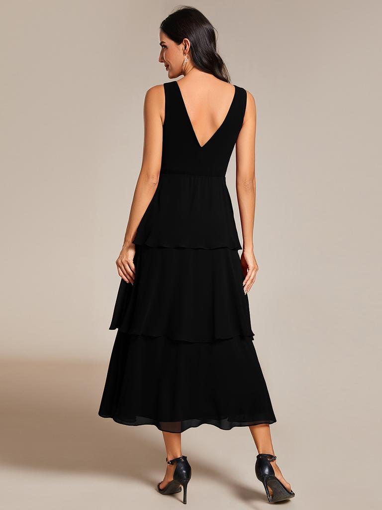 Ever-Pretty Damen Abendkleid mit Stufensaum, Midilänge, Hochzeitsgästekleid, V-Ausschnitt, ärmellos, A-Linie, Chiffon