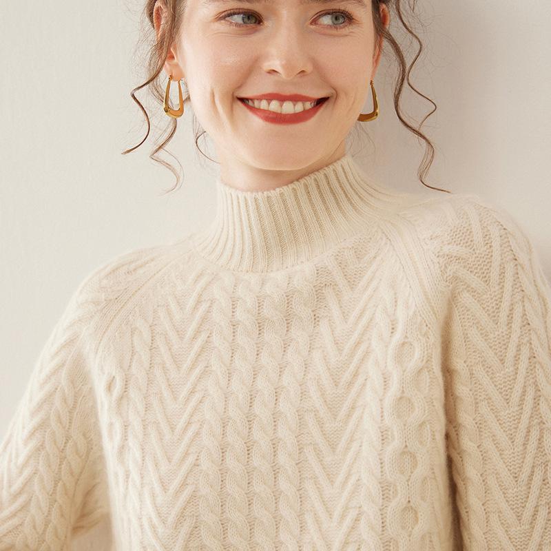 Women's Heavyweight Cashmere Sweater: Autumn-Winter Half-Neck Cable Knit Slim Pullover