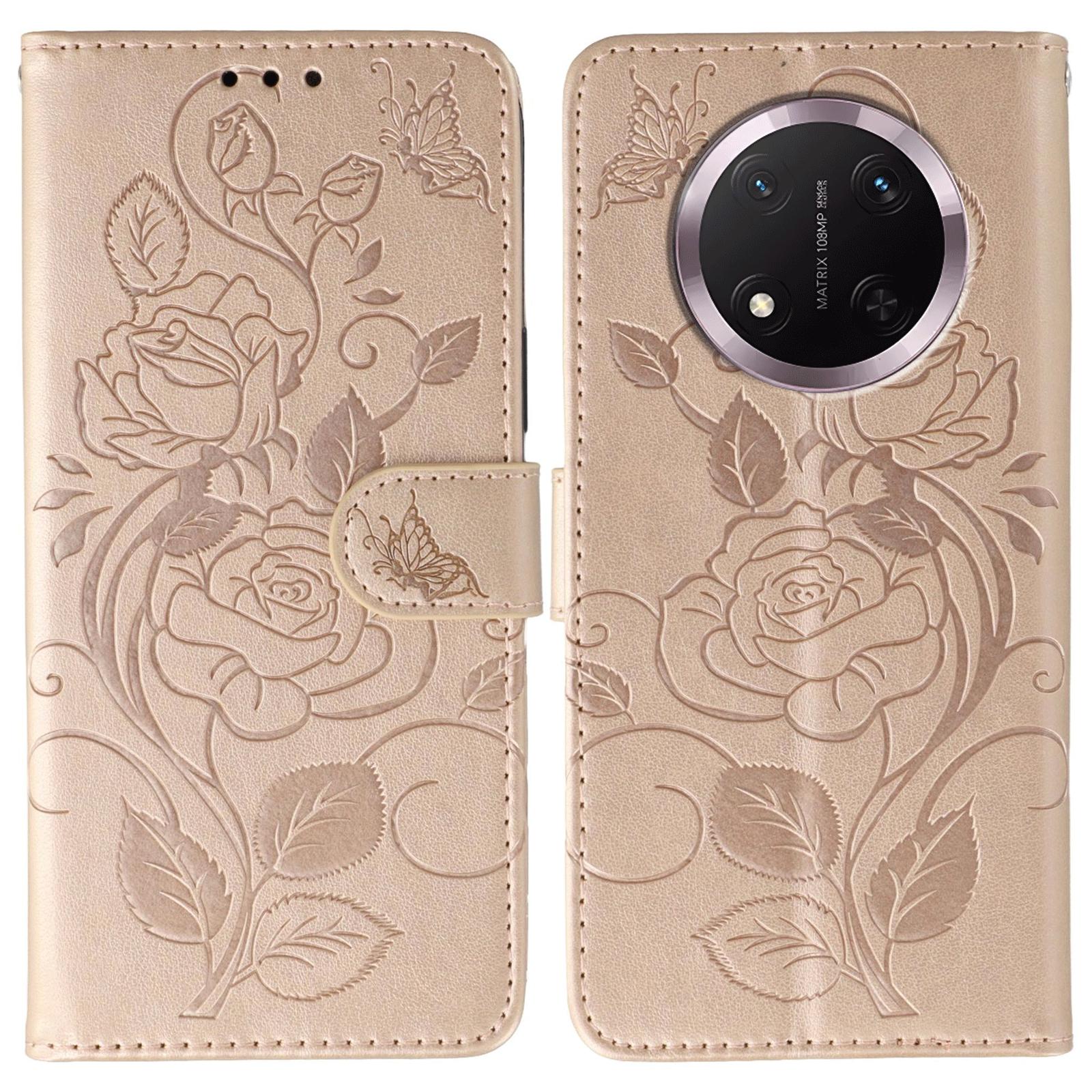 

Phone Case For Honor Magic7 Lite 5G/X60 Pro 5G/X9c 5G Wallet Stand Imprinted Rose Butterfly PU Leather Cover Rose Gold