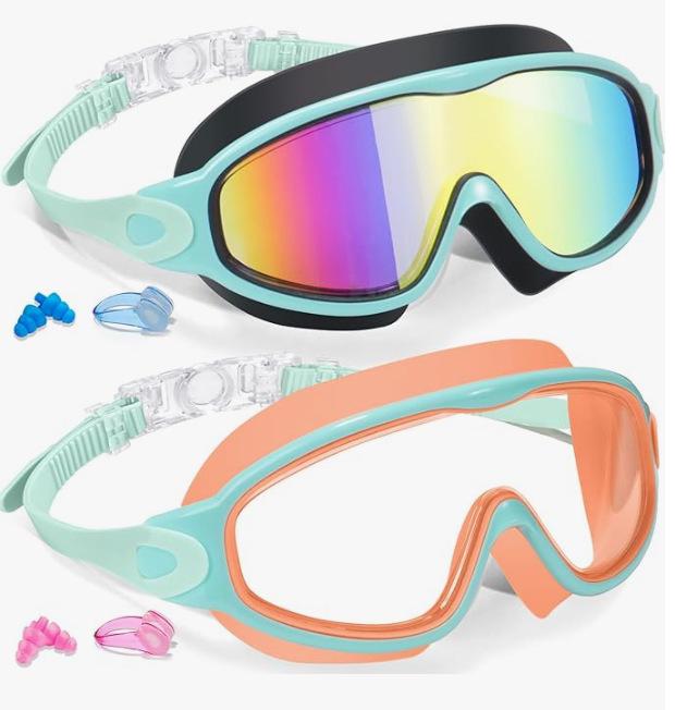 Large Frame Plated Waterproof Anti-Fog Swimming Goggles with One-Piece Earplugs for Men and Women