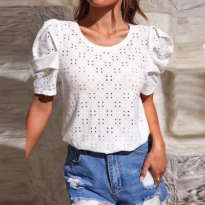 Kadın İlkbahar Yaz Düz Renk T-Shirt Jakarlı Yuvarlak Boyun Kabarcık Kollu Üst Bluzlar Oymak