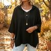 Fall Pullover Sweater Autumn Women Knit Sweater, Loose Fit Drawstring Hooded Solid Color 3/4 Sleeve Drop Shoulder Casual Long Tops