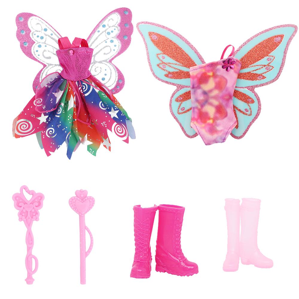 6 Pcs Fairy Tale Princess Clothes and Accessories for 30cm Doll Fashion Doll Dress with Wings Mini Magic Wand Shoes Boots Kids Toy Gift