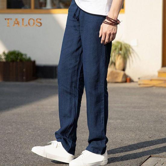 Men's Linen Casual Pants Solid Color Straight Leg Trousers Drawstring Waist Thin Summer Pants for Streetwear Travel Vacation