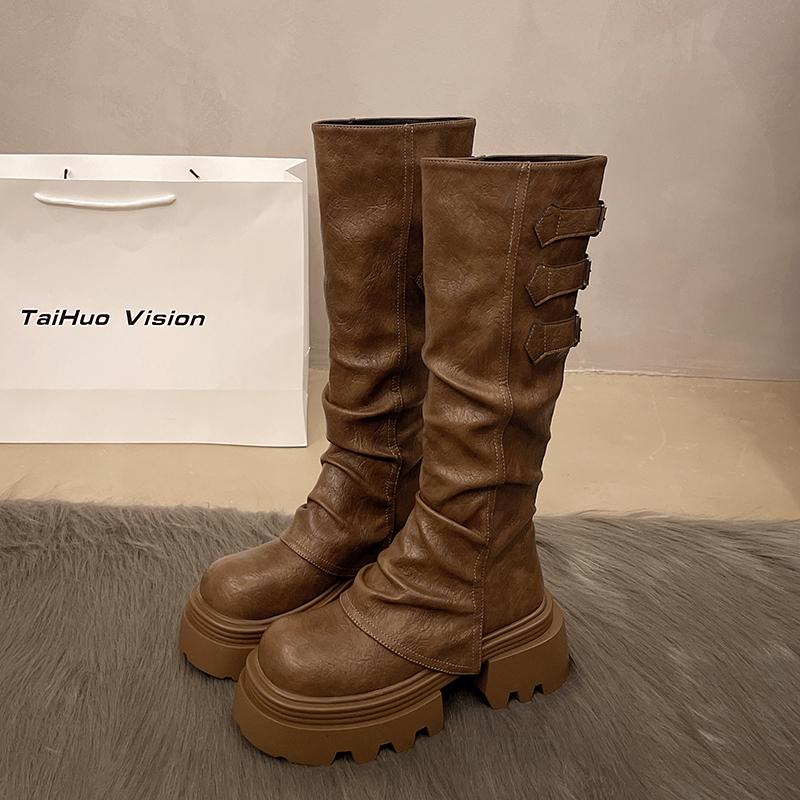 

мода Винтаж Платформа Женские Сапоги До Колена Модные Туфли Без Застежек Осень Зима Лаконичные Длинные Botas De Mujer 35 хаки