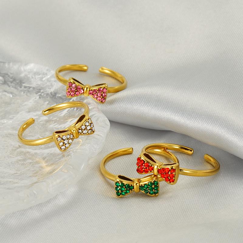 Stainless Steel Bowknot Ring with Inlaid Diamonds – Elegant, Non-fading, Open Design for Women