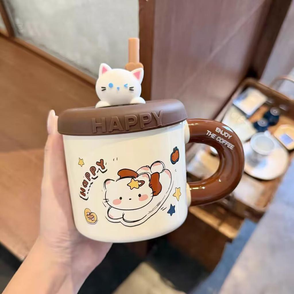 Mug with lid with straw cup high value ins ceramic water cup women's home office coffee breakfast cup