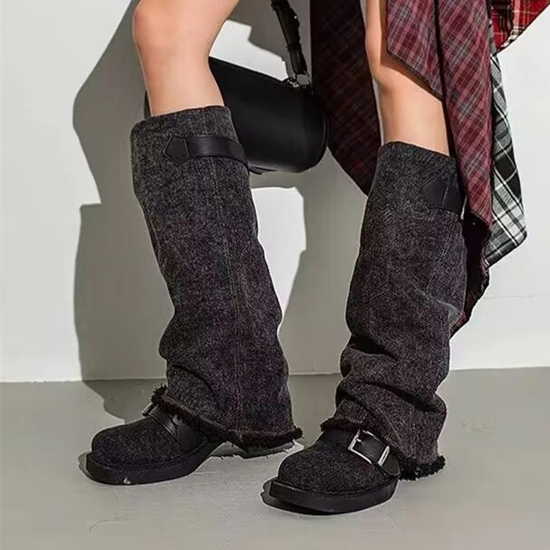 Cowboy Women High Boots Fashion Mid Heels Shoes Chunky Woman 2024 Trend Winter Chelsea Boots New Goth Pumps Snow Boots Mujer