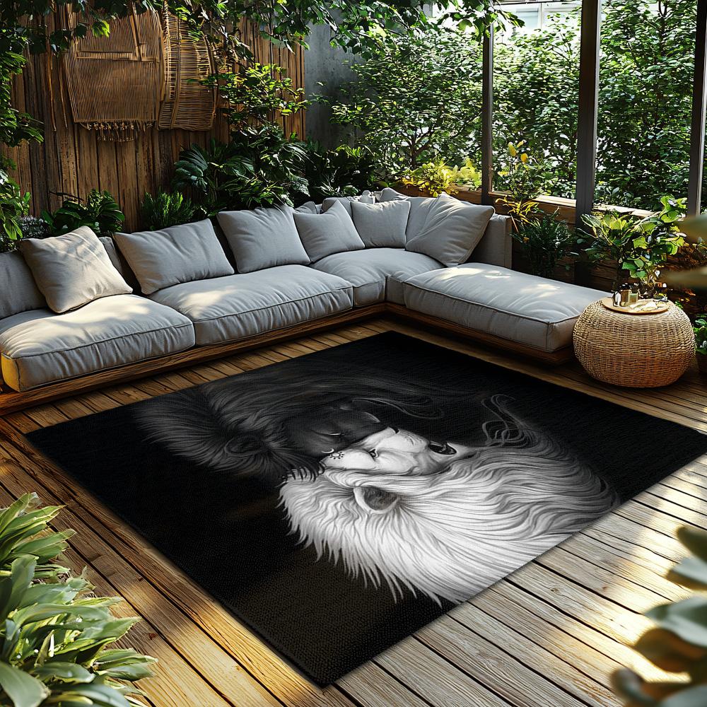 Lion Couple Print Area Rug, Black White Carpet for Living Room,Soft Non-Slip Mat with Tribal Pattern,Nature Inspired Decor
