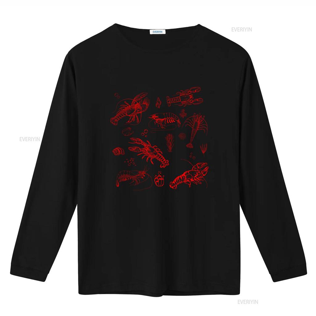 Casual Streetwear Line Art Red Seafood Lobster Shrimp Print T Shirt Vintage Washed Unisex Soft Fashion Stretched
