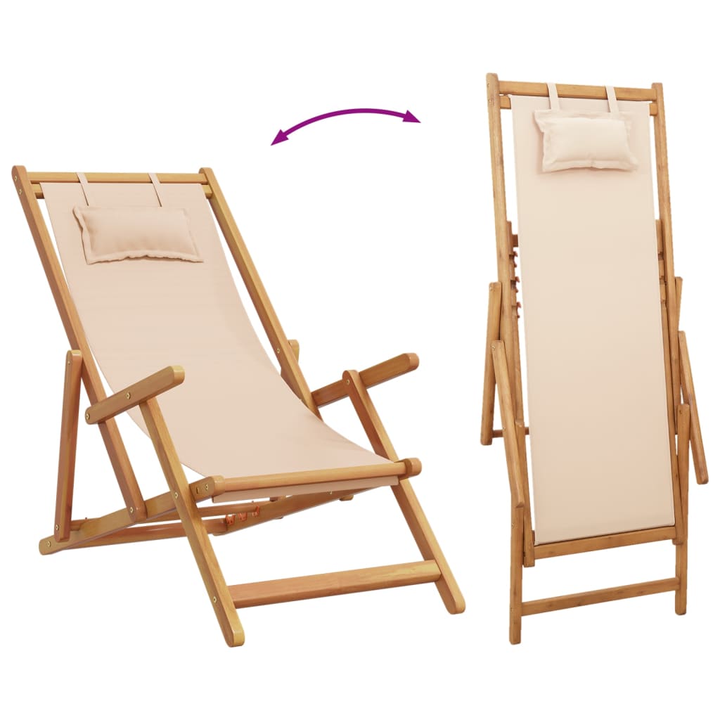 Foldable Beach Chair Beige Solid Eucalyptus Wood and Fabric