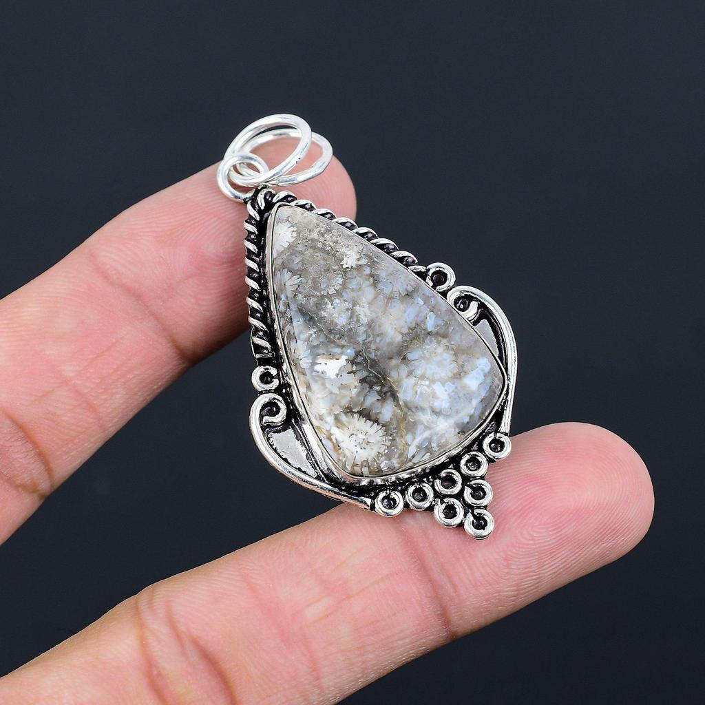 925 Silver Pear Fossil Coral Stone Root Chakra Daughter Wedding Pendant Jewelry