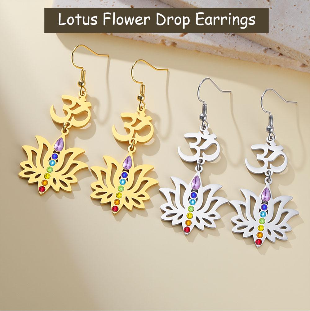 Cazador Lotus Flower Om Symbol Drop Earrings for Women Stainless Steel 7 Chakra Yoga Meditation Jewelry Earrings Amulet Gift
