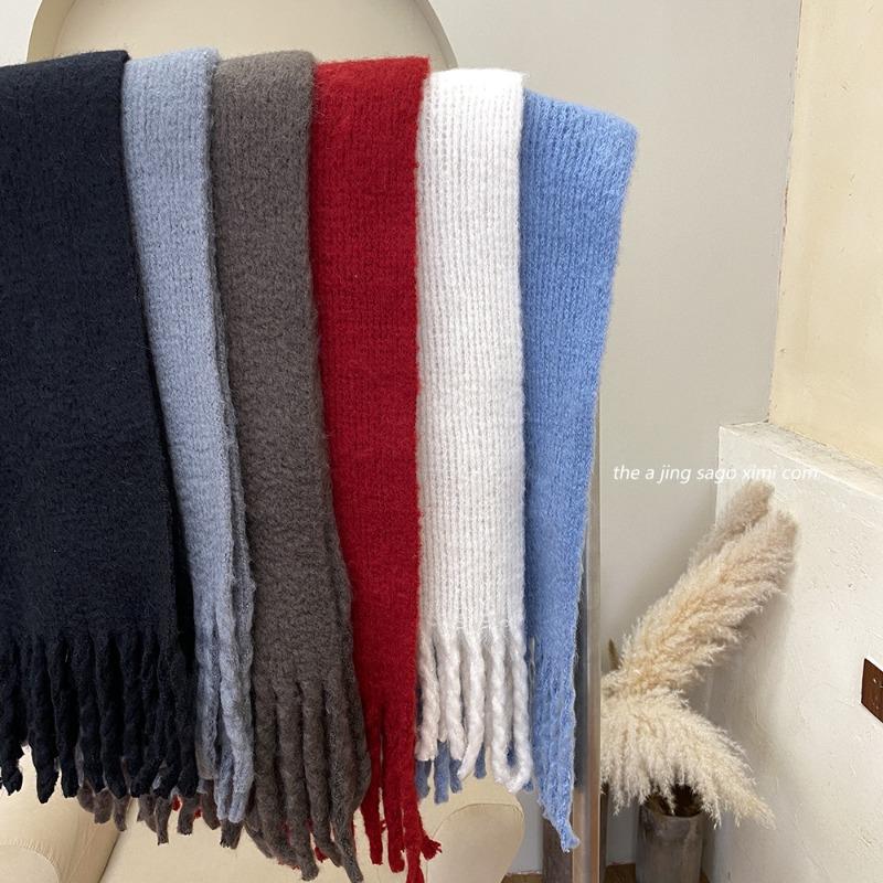New Christmas red scarf female winter couple thickened imitation cashmere solid color knitted fringed scarf male trend