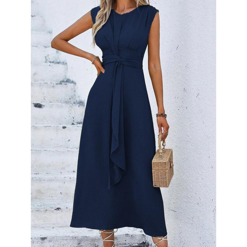 Elegant Sleeveless Front Thin Straps Belted Midi Dress for Summer Women's Solid Color Party A-Line Dress Slim Fit Fashion Evening Dresses