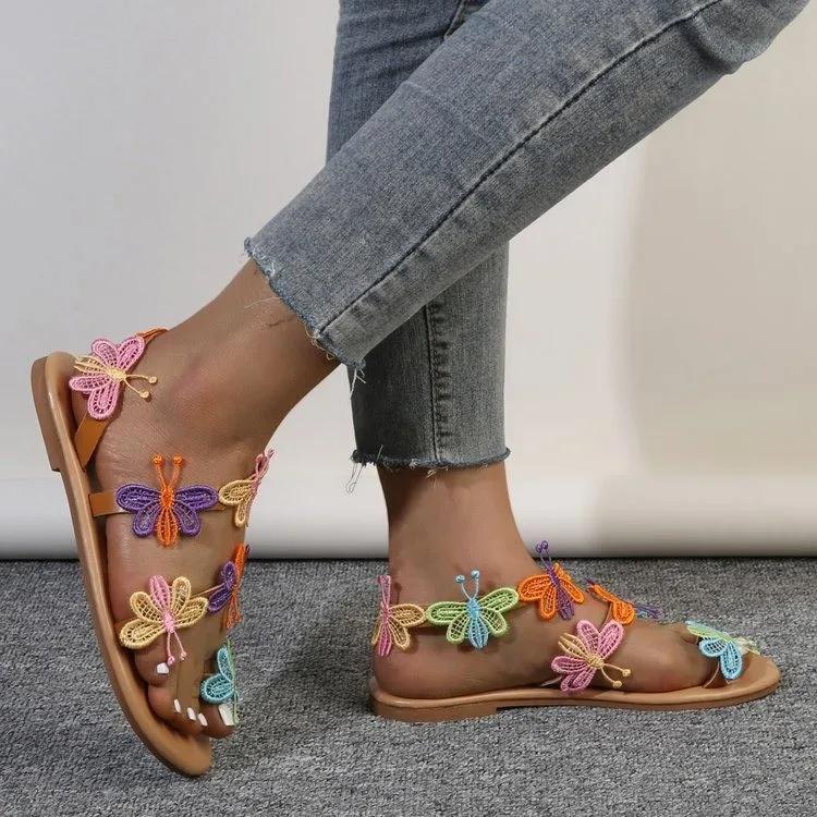 Fashion 2025 Summer New Roman Sandals Bohemian Style Set Toe Flower Flat Wear-resistant Women's Shoes Casual Large Size Sandals