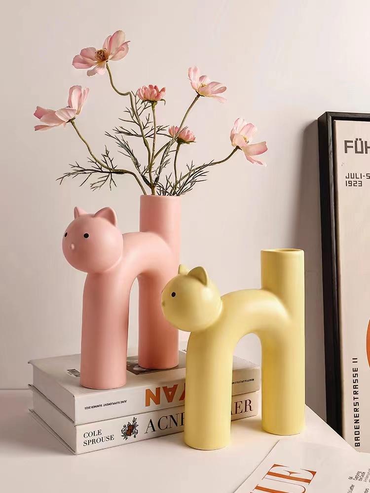 2025 Ceramic Flower Vase Cute Tubular Kawaii Cat Vase Room Home Desktop Decoration Art Ornament Gift Flowerpot Free Shipping