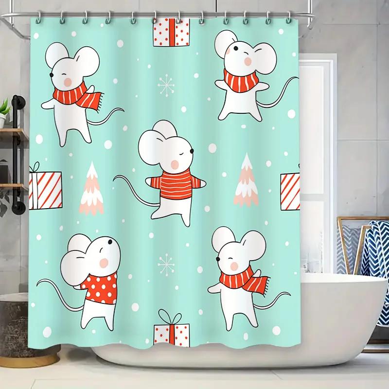 

GAEAdorable Christmas Mouse Shower Curtain Set Festive Bathroom Decor for Holiday Season Light Blue Background with Snowflakes 90x180cm