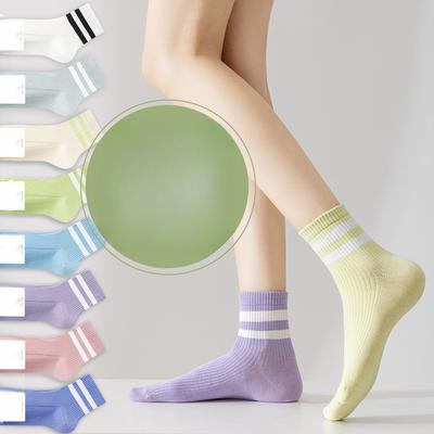 Women's Spring and Summer Pure Cotton Striped 5A Antibacterial Breathable Mid Calf Socks