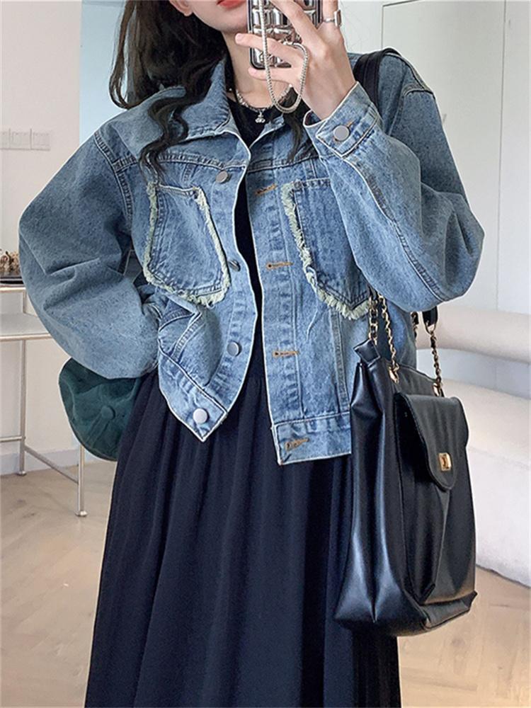 

Жіноча джинсова куртка Нова мода весняна повсякденна однобортна джинсова куртка Шикарне вінтажне вільне пальто з довгим рукавом One Size синій