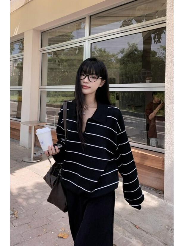 

Women s Autumn 2025 Striped Color-Block Polo Collar Knitted Sweater - Long Sleeve, Loose Fit, Casual Design Small
