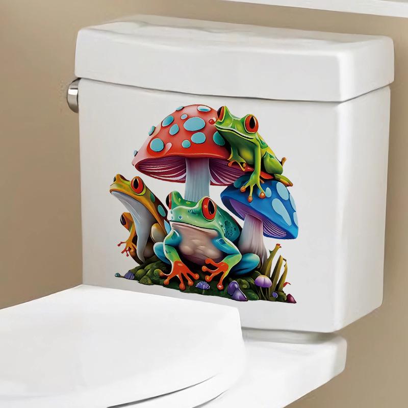 Cartoon Frog Stickers Waterproof Self Adhesive Toilet Decoration Anime Magic Mushroom Vinyl Tank Stickers for Bathroom Home