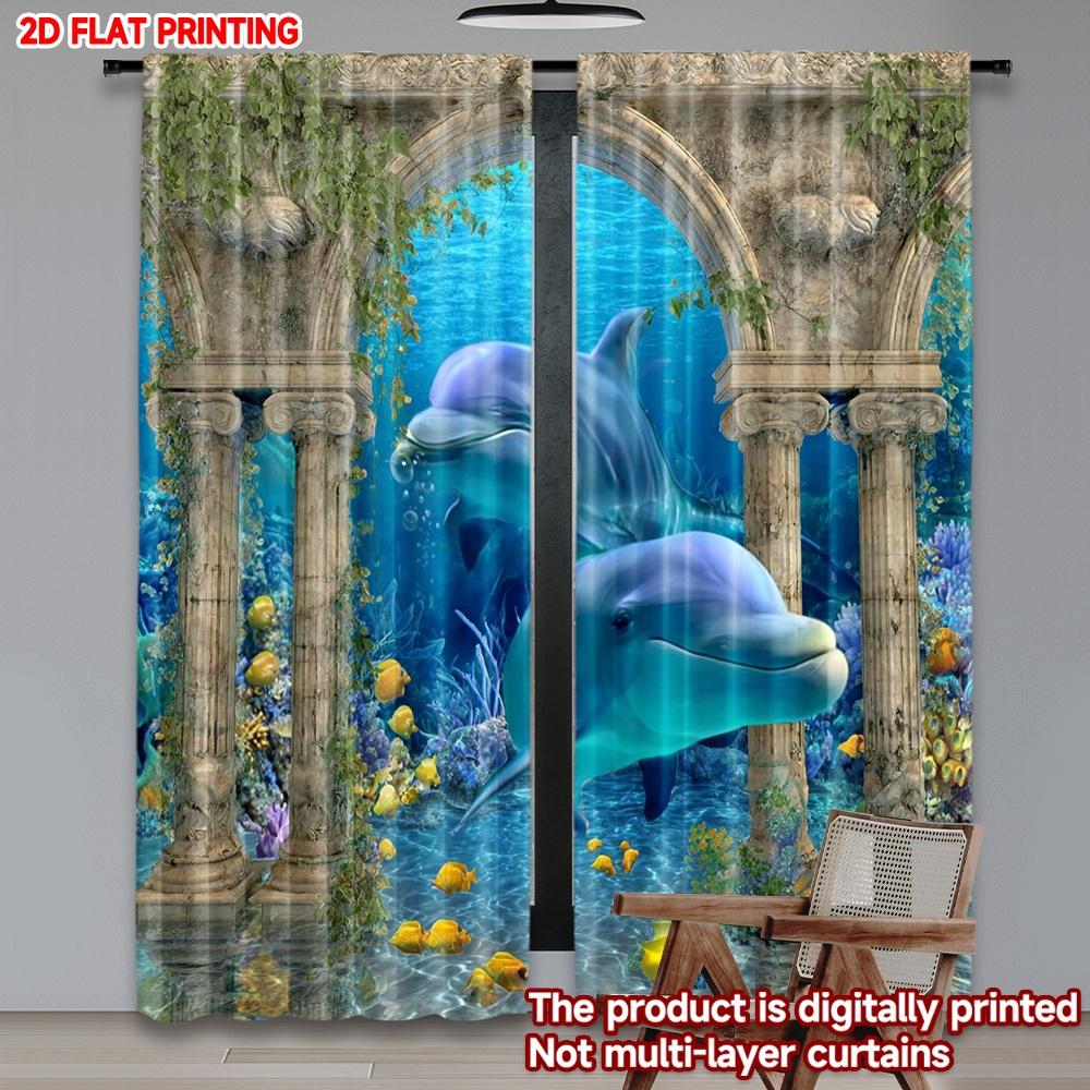 2pcs Dolphin Ocean Curtains  Printing   Underwater Scene with Coral Seaweed & Colorful Fish On Blue Background for Living Room