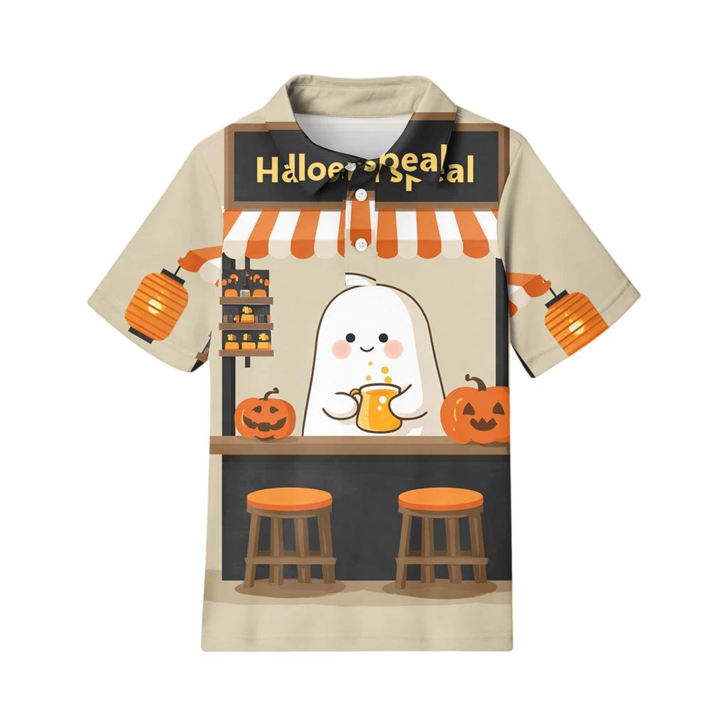 Kids Halloween Print Polo Shirt Short Sleeve Casual Tee Top with Button Collar for Boys Girls Comfortable Fit