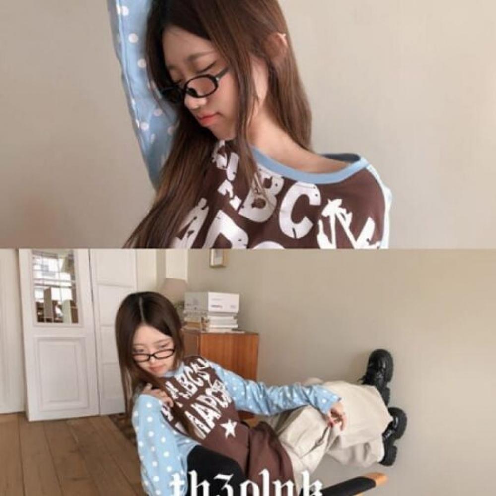 The Pink Women Loose FiT Color Block DoT Crack PrinT Long Sleeve T shirT Tn01
