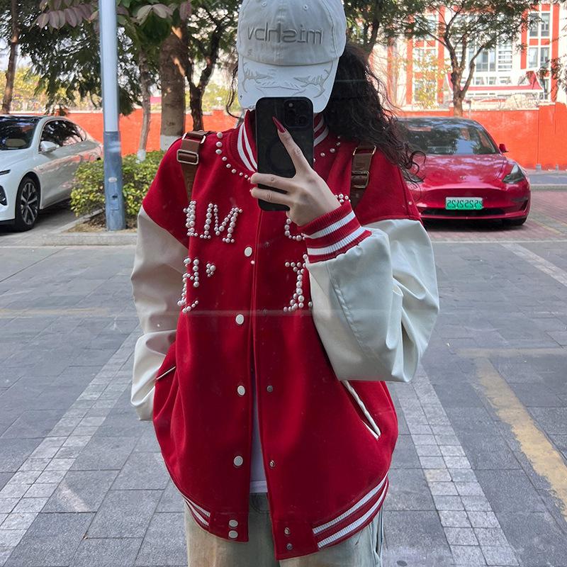 Women's Niche Trend Loose Red Baseball Jacket - Spring 2025 Design