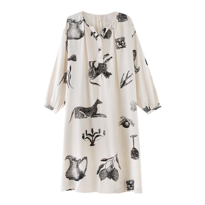 Bamboo Fiber Women's Long Sleeve Wabi-Sabi Nightgown - Mid-Length Autumn Pajamas Dress