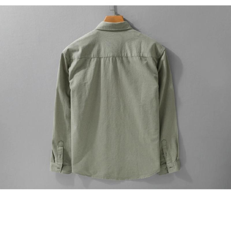 Spring/Autumn 100 Cotton Mens Long Sleeved Shirts Daily Casual Tops Turn Down Collar Double Pockets Green Shirt Korean Retro Style Men Clothing