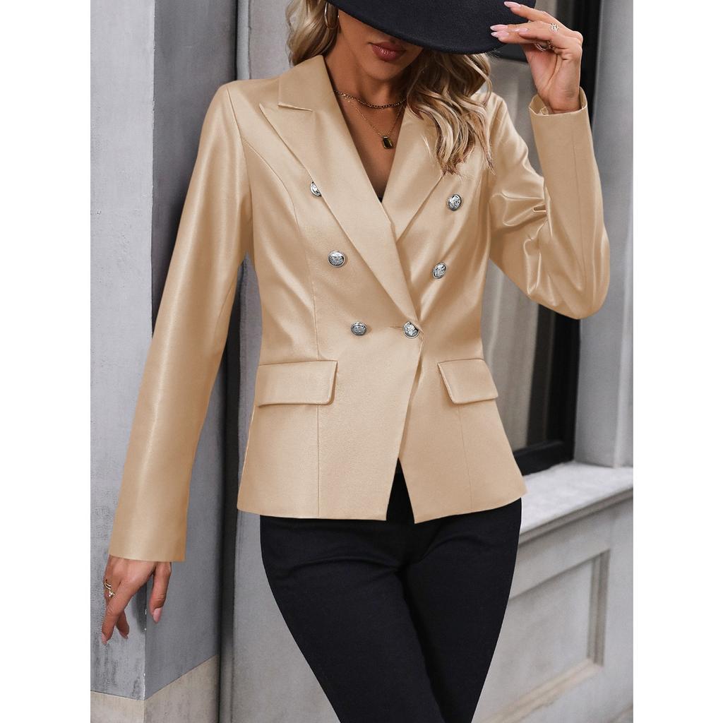 Women's Turn Down Collar Long Sleeve Blazer Slim Fit Elegant Double Breasted PU Leather Jacket