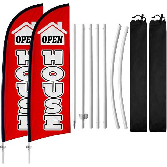 2 Pack Real Estate Agent Flags, 8FT Open House Signs with Flagpole Kit, Ground Stake, Windless Open House Supplies Flag Banner for Events,