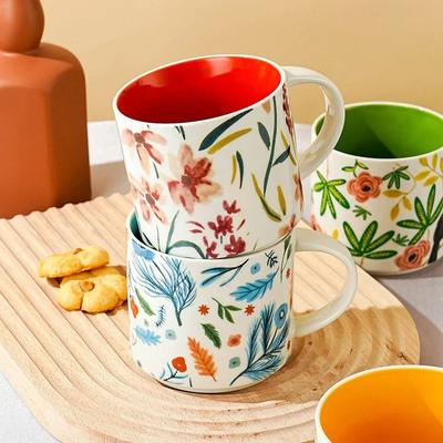 450ml Ceramiczny kubek Kwiat i Ptak Kolorowy szkliwo Ręcznie robiony kubek Filiżanka do kawy Gospodarstwo domowe Biuro Antyoparzeniowa filiżanka śniadaniowa Prezent na festiwal