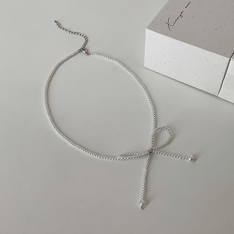 Super Fairy Pearl Crystal Bow Necklace Female Niche Retro Personality Versatile Temperament Fashion Neck Chain Collarbone Chain