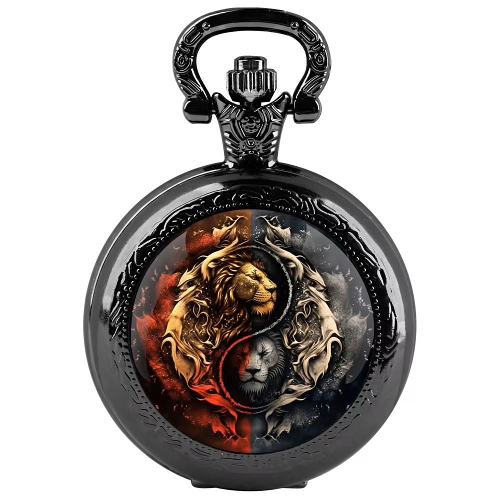 Vintage Retro Løve Leo Zodiak Astrologi Kinesisk Yinyang Kvarts Unisex Menn Kvinner Lommeur Kvarts Halskjede Anheng Klokke Kjede Klassisk Skive