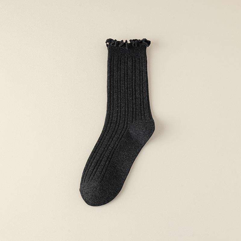 Boneless Socks, Women's Summer Breathable Cotton Socks, Solid Color Mid-calf Socks, Black Fungus Lace, Spring and Autumn Pile Socks