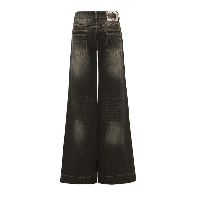Autumn new American retro low waist double buckle washed old and thin wide leg denim floor pants women