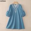 VONDA S-5XL Summer Women V Neck 3/4 Sleeve Print Elegnat Casual Loose Dress