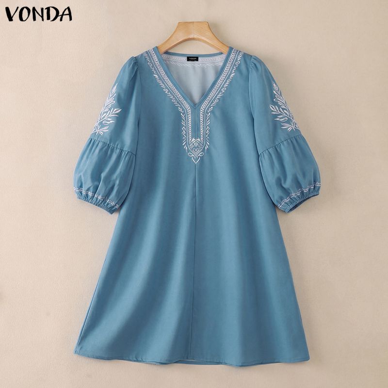 VONDA S-5XL Summer Women V Neck 3/4 Sleeve Print Elegnat Casual Loose Dress