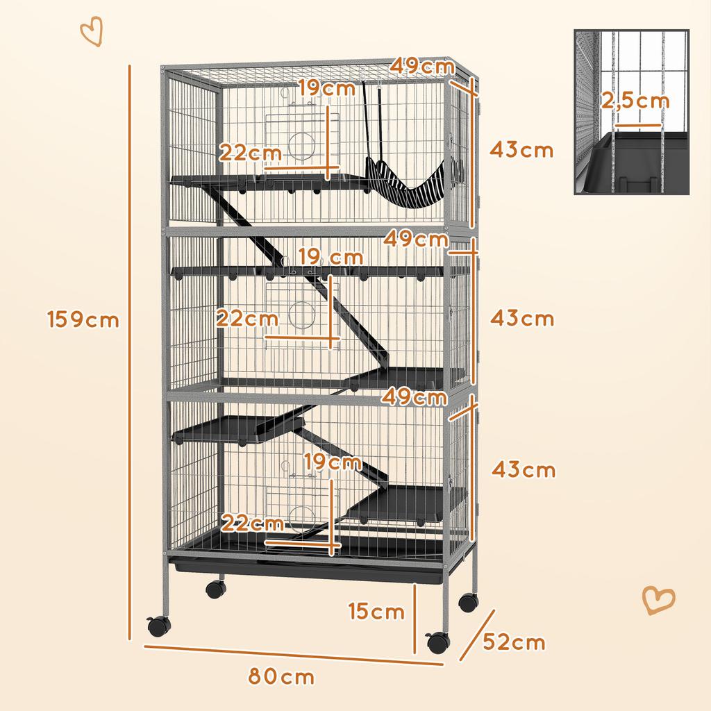 Multifunctional rodent cage with 4 platforms, 3 ramps, and 4 doors. Dimensions: 80L x 52W x 159H cm. Silver-grey/black steel.