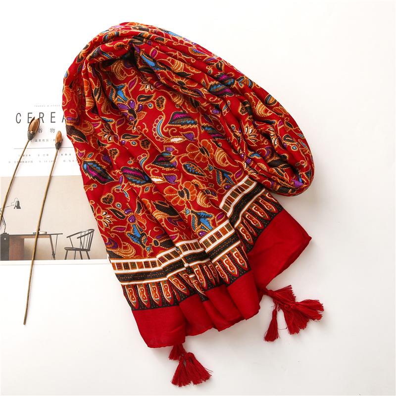 Bohemian Ethnic Cotton & Linen Scarf - Red Travel Shawl with Silk Accent
