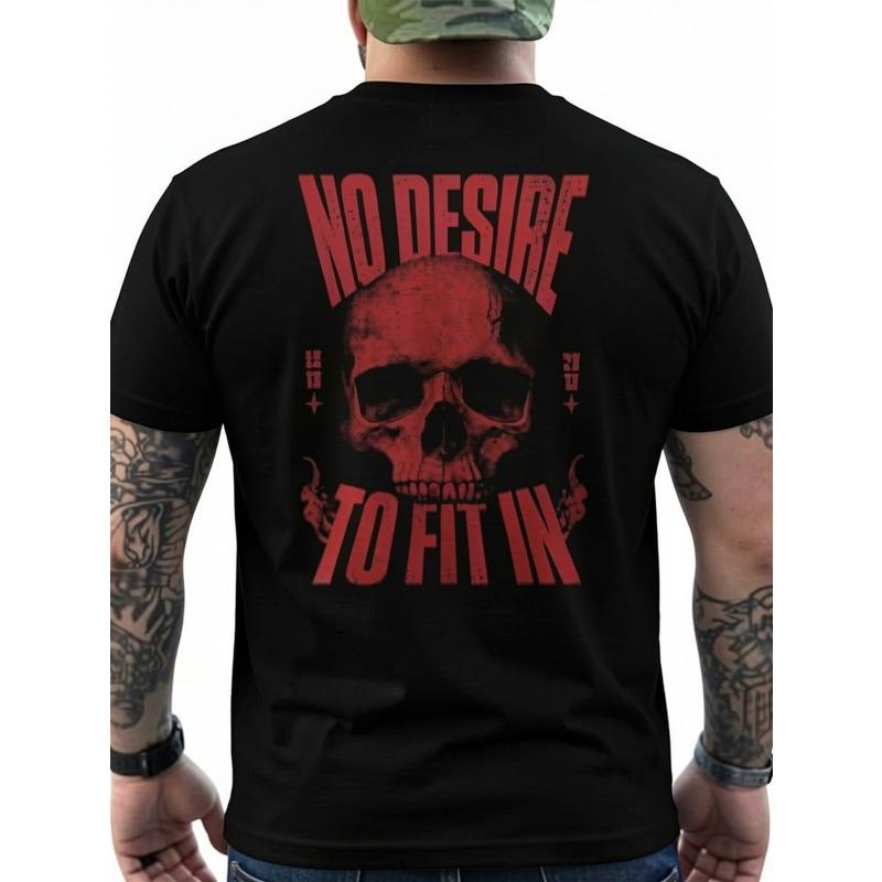 European sizes Men's Black Gothic Skull & Kanji T-Shirt with NO DESIRE to FIT IN Slogan - Pure Cotton Short Sleeve Round Neck Tee