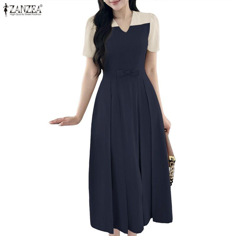 

ZANZEA Женское повседневное платье пэчворк с V-образным вырезом, свободного кроя, с короткими рукавами 5XL тёмно-синий