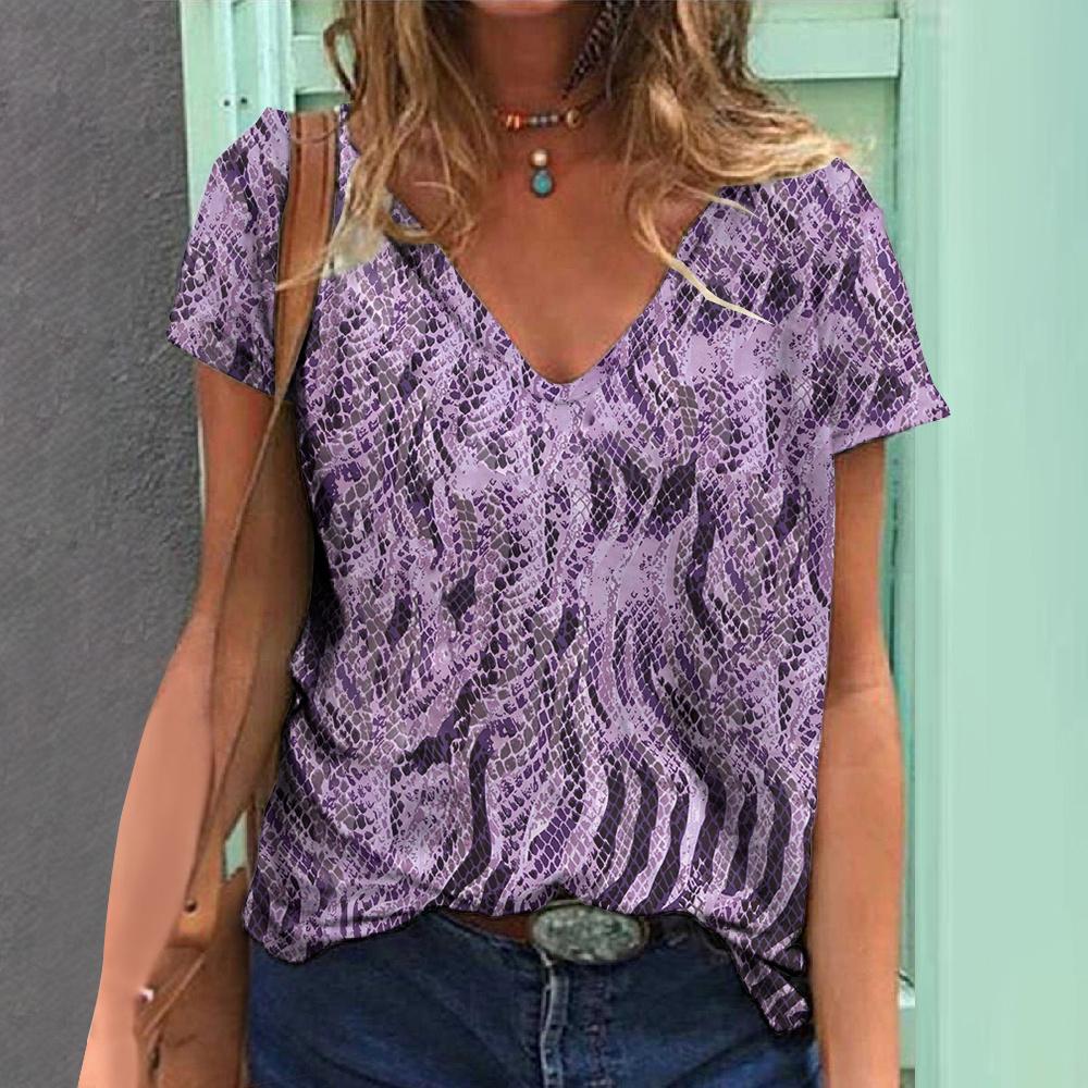 Women's T-shirt Summer V-neck Fashion Short Sleeve Tops Striped Print Women's Clothes Female Oversized Casual Blouse