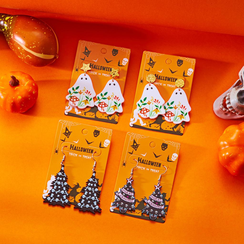 Punk Halloween Ghost Earrings for Women Acrylic Cartoon Flower Drop Dangle Earring Cute White Ghost Holiday Jewelry Gifts